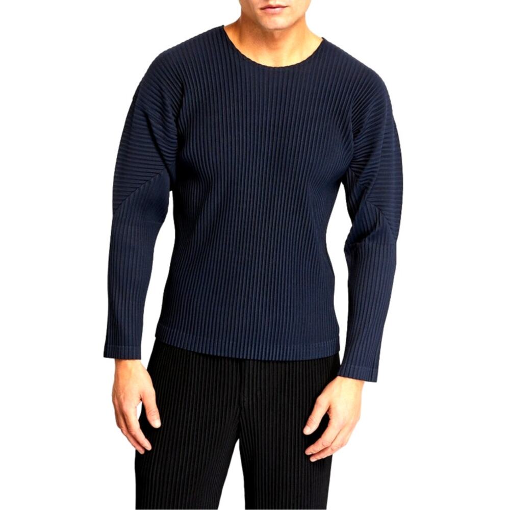 Homme Plissé Issey Miyake Men's Blue Pleated Long-Sleeve T-Shirt Size 2| Medium